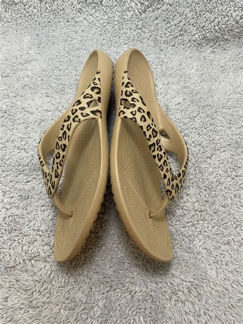 Crocs Women S Kadee Ii Leopard Print Flip Flops Beige Gem