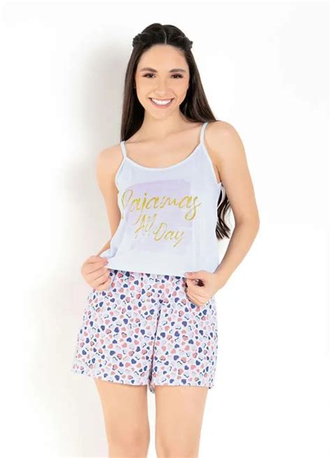 Pijama Curto Short Cintura Alta Branco Coração Alma Dolce