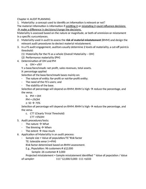 Chapter 4 Audit Planning Lecture Note Chapter 4 Audit Planning Materiality A Concept Used To