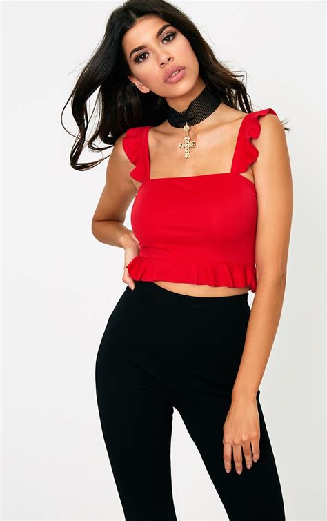 Red Frill Sleeveless Crop Top | PrettyLittleThing CA