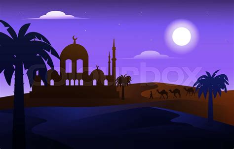 Night Arabic Desert Camel Caravan Muslim Islamic Culture Illustration