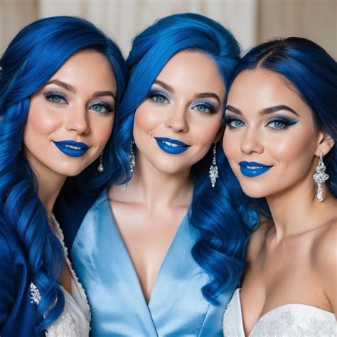 3 Ladies With Blue Eyes Flowing Blue Hair Smiling