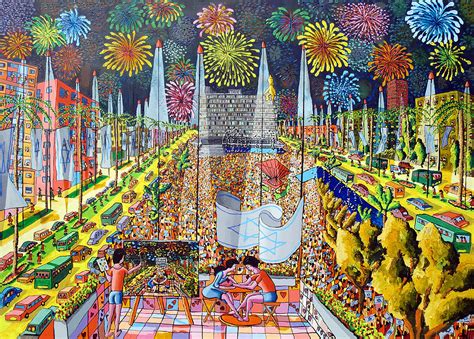 Fireworks On Tel Aviv Naive Painting Rap Raphael Perez Israeli