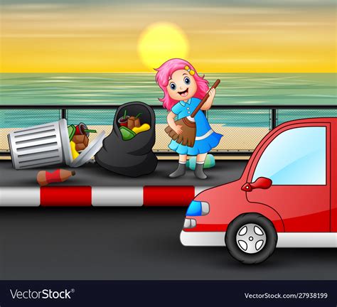 cartoon happy litttle girl cleaning road vector image