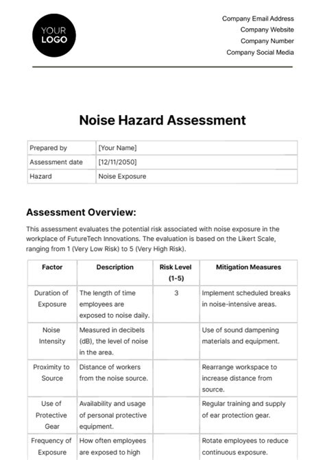 Free Noise Hazard Assessment Template Edit Online And Download