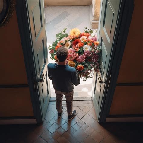 Jeune Homme Avec Un Grand Beau Bouquet De Fleurs Se Tient Devant La