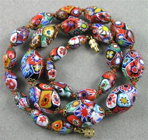 Vintage Graduated Venetian Millefiori Glass Beads Necklace Murano