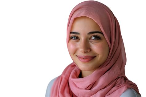 Happy Muslim Woman In Pink Hijab Cheerfully Smiles At Camera Posing