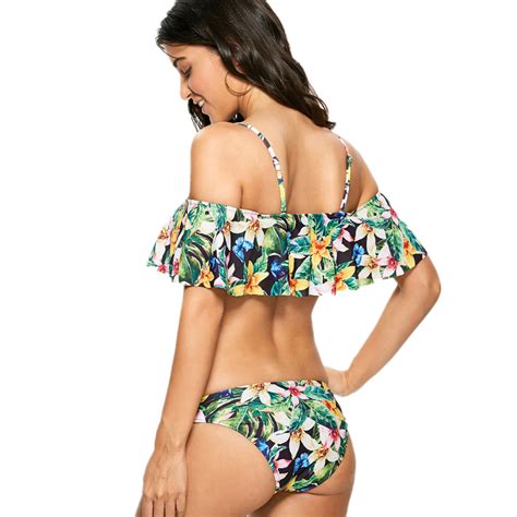 ZAFUL 2017 Women Sexy Off The Shoulder Floral Print Flounce Bikini Set