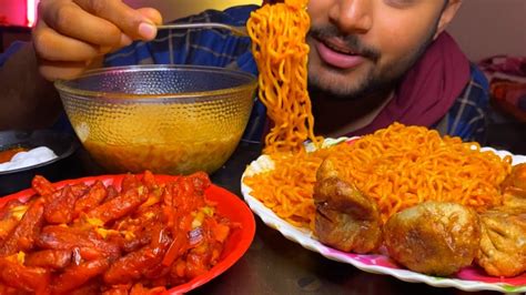 Asmr 🔥eating 2x Spicy Noodles 🥵 Friend Momo 🥟 Chilli Potato And Korean