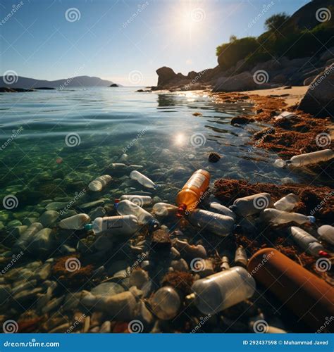 Beach Pollution Depicted with Plastic Bottles and Trash Littering the