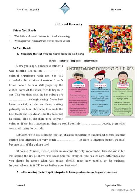 Culture Worksheets For Students