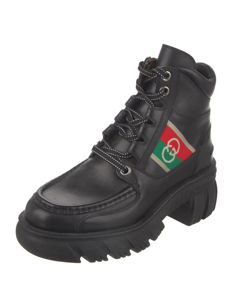 Gucci Interlocking G Logo Leather Combat Boots Black Boots Shoes