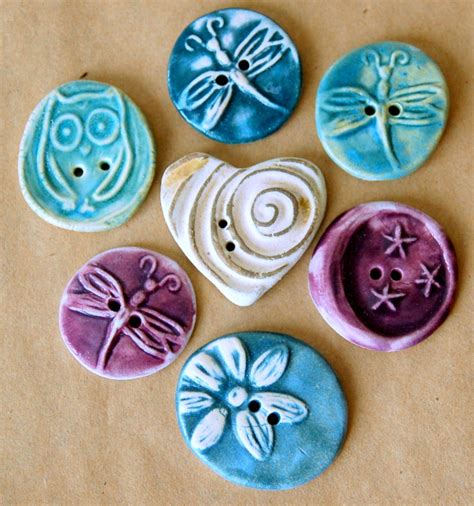 7 Handmade Ceramic Buttons Eclectic Assortment By Beadfreaky