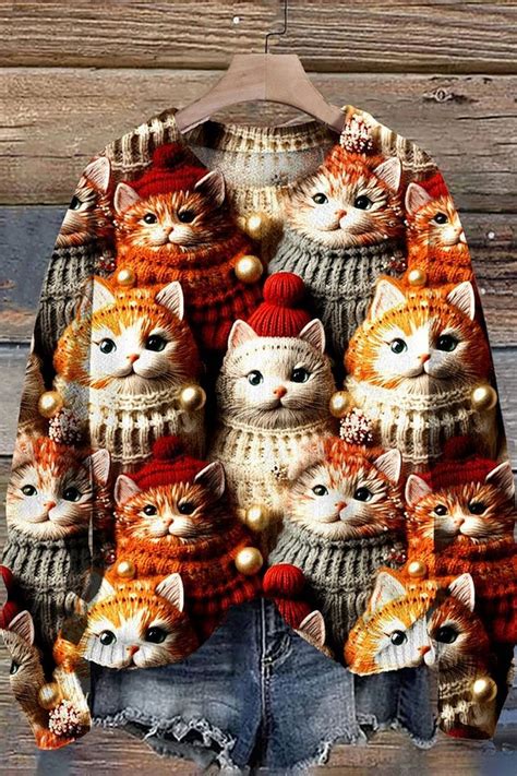 Funny Cat Christmas Print Knit Pullover Sweater | Christmas cats ...