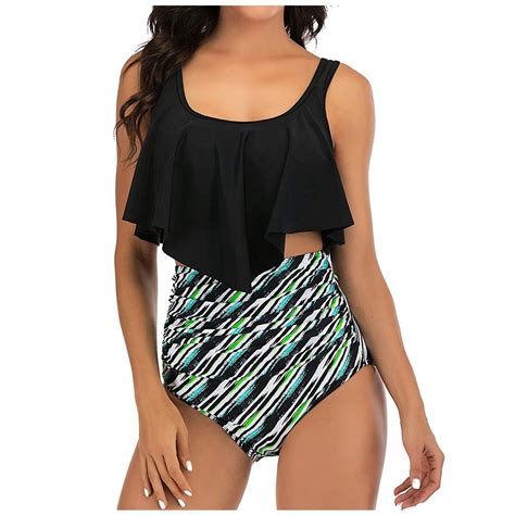 Women Swimsuit Two Piece Leaves Print Ruffle Bikini Swimwear Sexy