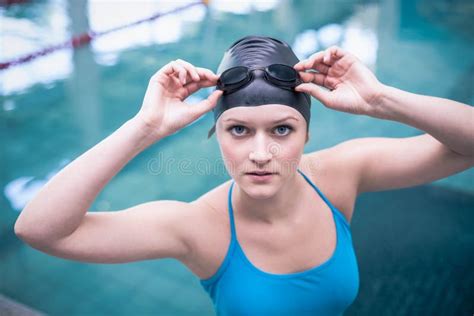 Pretty Woman Wearing Swim Cap And Swimming Goggles Stock Photo Image