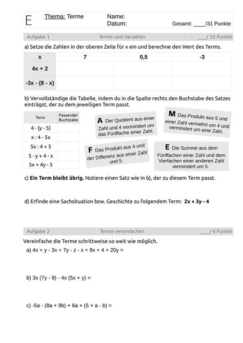 Klassenarbeit Terme Vereinfachen Niveau E Gymnasialer Abschluss