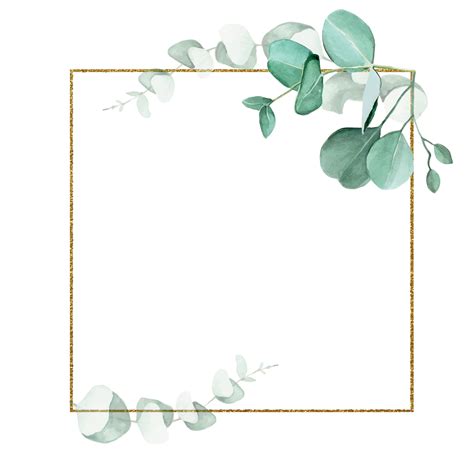 Golden Square Frame With Watercolor Eucalyptus Leaves Isolated On White