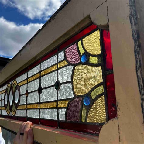 Antique Stained Glass Transom - 65 5/8 long - Historic House Salvage