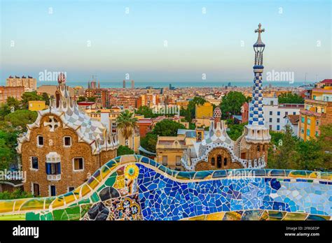 Sunset view of Parc Guell in Barcelona, Spain Stock Photo - Alamy