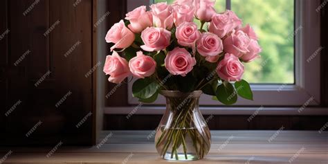 Premium Photo Bouquet Of Pink Roses In A Glass Vase On A Wooden