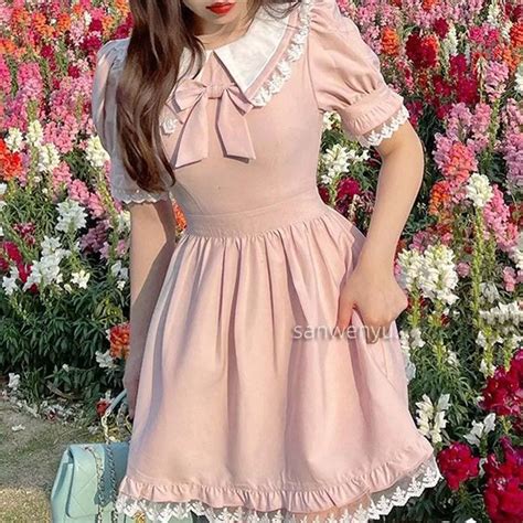 Kawaii Kleid Frauen Sommer Japanische Puff Rmel Spitze Rosa Prinzessin