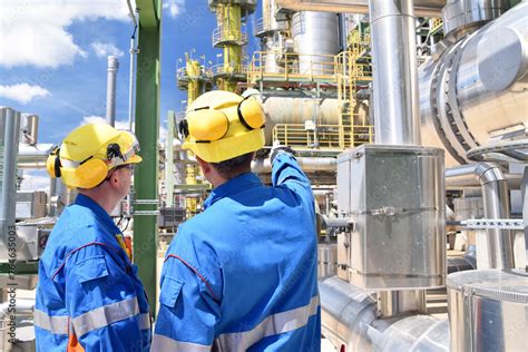 Chemical Industry Plant Workers In Work Clothes In A Refinery With