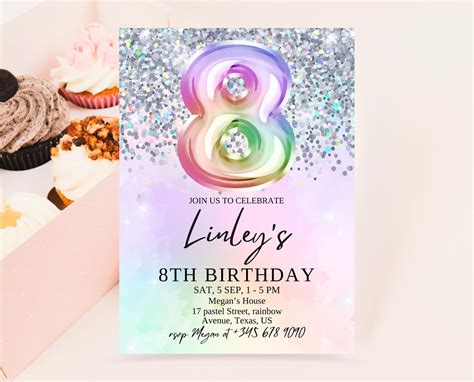 Editable Pastel Rainbow 8th Birthday Invitation Template Birthday