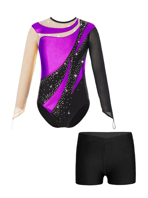 Dpois Girls Sparkly Rhinestones Mesh Long Sleeve Gymnastic Leotard With