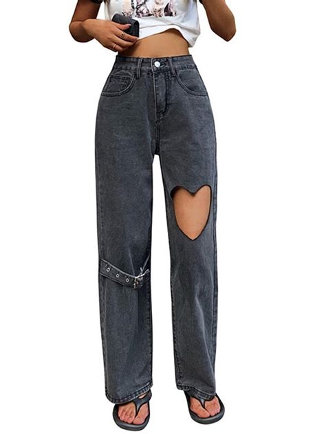 Emmiol Free Shipping 2023 Cutout Heart Detail Boyfriend Jeans Black S