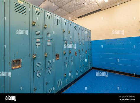 Nondescript Locker Room With Old Blue Metal Gym Gymnasium Lockers