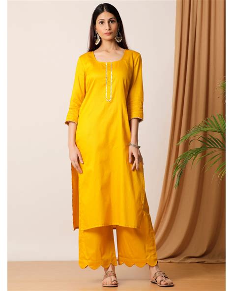 Bright Yellow Gota Kurta And Palazzo With Net Embellished Dupatta Set