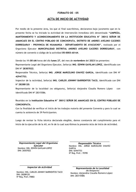 Formato OE 05 Acta De Inicio FORMATO OE 05 ACTA DE INICIO DE