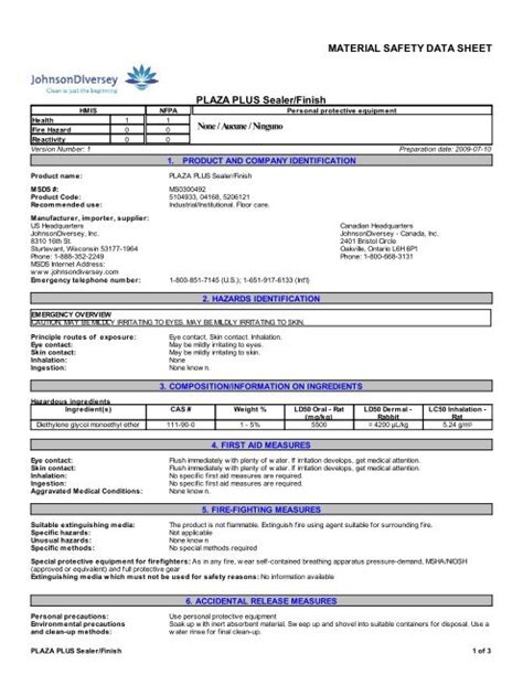 Material Safety Data Sheet Plaza Plus Sealer Finish