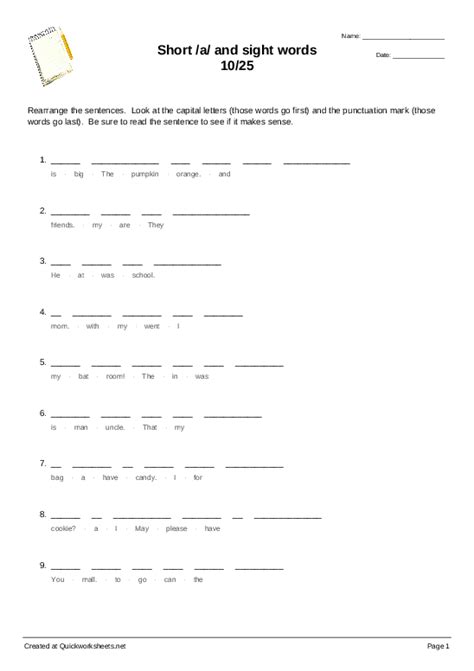 Short A And Sight Words 10 25 Sentence Scramble Worksheet