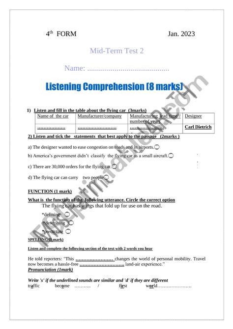 Mid Term Test N2 ESL Worksheet By Ftayma