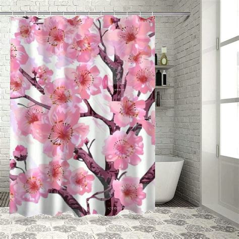 Akjvoe Bathroom Shower Curtain Pink Flowers And Brown Branches On Made From Polyester Fabric