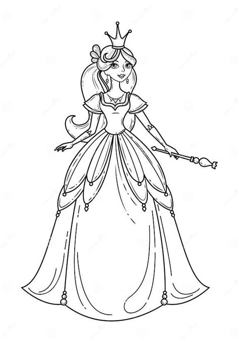 Princess Line Art Standing In Beautiful Dress With Magic Wand Stock Vector Illustration Of