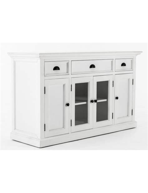 Buffet massif blanc 2 portes bois 2 portes en verre étagères 3 tiroirs