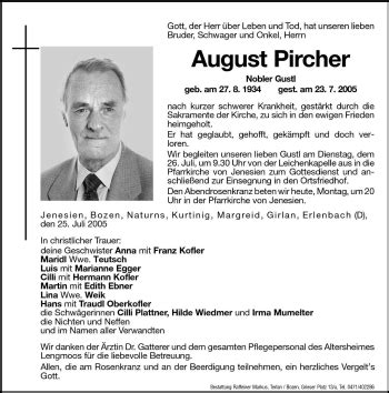 Traueranzeigen Von August Pircher Trauer Bz