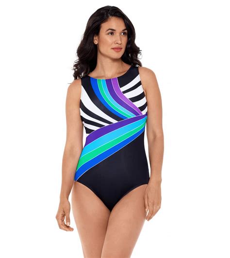 Reebok Women S Retro Lines High Neck Chlorine Resistant One Piece Swimsuit At