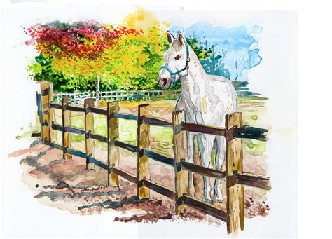 Watercolor Painting of Horse by Fence on - Etsy