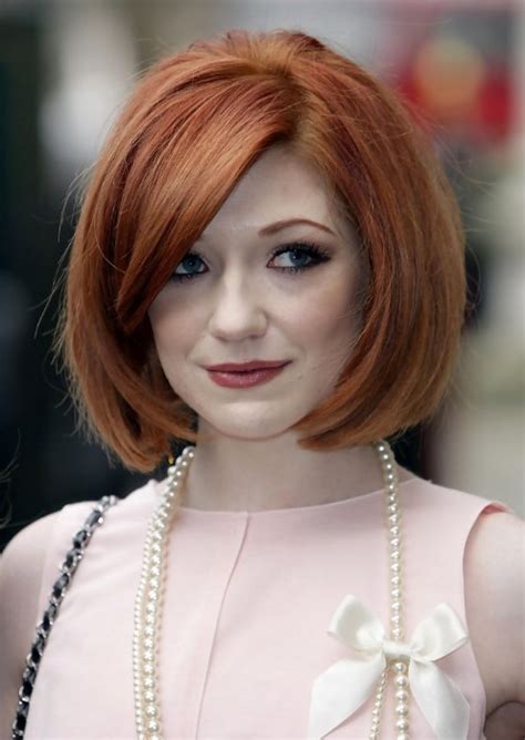 Chic Short Copper Bob Haircut With Side Sweep Bangs Nicola Roberts