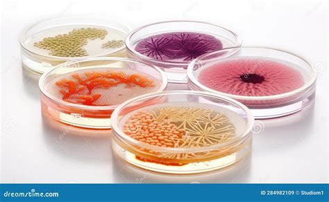 Mixed Of Bacteria Colonies In Various Petri Dish Growing Cultures Of