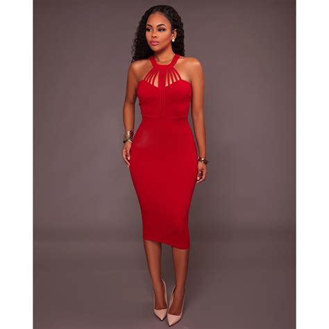 Womens Sexy Red Halter Neck High Waist Strappy Bandage Bodycon Midi Party Dress N16301