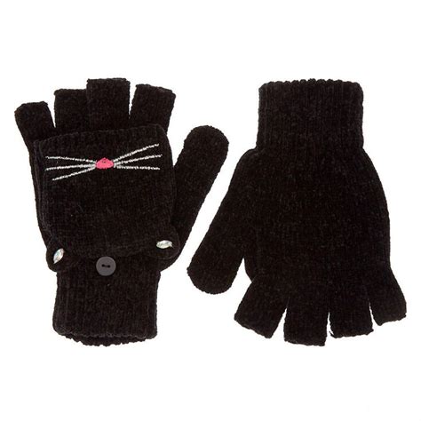 Cat Fingerless Gloves With Mitten Flap - Black | Claire's US