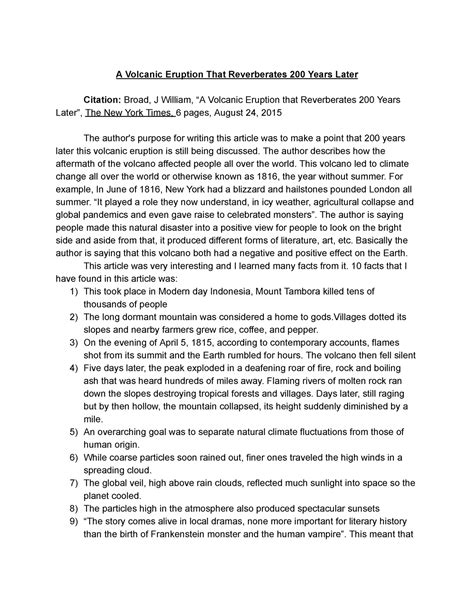 Earth Science Project A Volcanic Eruption That Reverberates 200 Years Later Citation Broad J