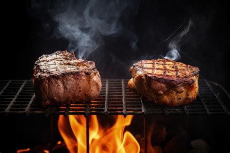 Premium Ai Image Two Steaks Cooking On A Grill With Flames Generative Ai