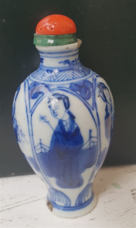 Proantic Tabatière Snuff Bottle Porcelaine Bleu Blanc Chine 19ème